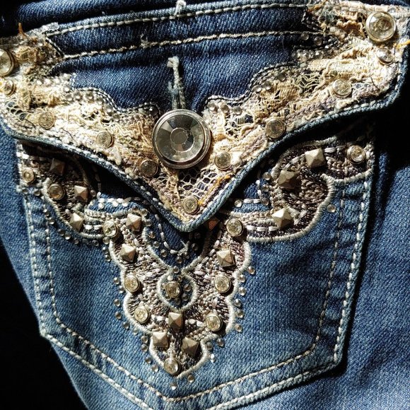 Grace In LA Midrise Straight Leg Lace Blingy Crystals Pocket Flaps 31 - Picture 13 of 16